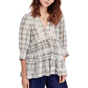 Free People Time Out Lace Tunic Ivory Eyelet V-Neck 3/4 Sleeves Medium